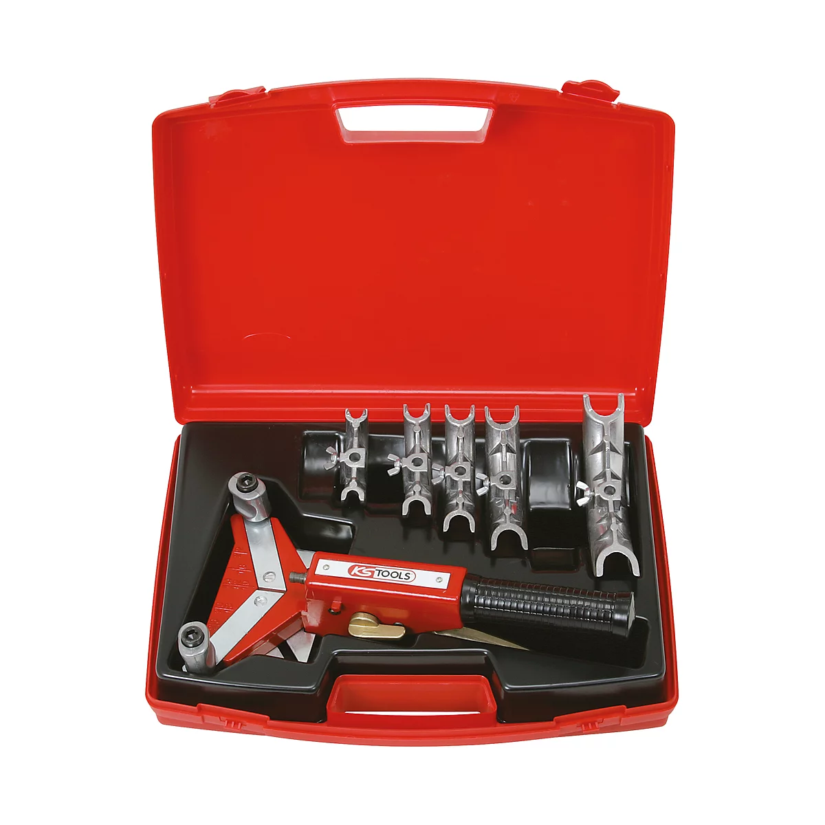 Werkzeugkoffer mit Werkzeug zum Verarbeiten von Bremsleitungen. Roter Koffer, silbernes Werkzeug, schwarzer Griff, KS TOOLS Schriftzug.